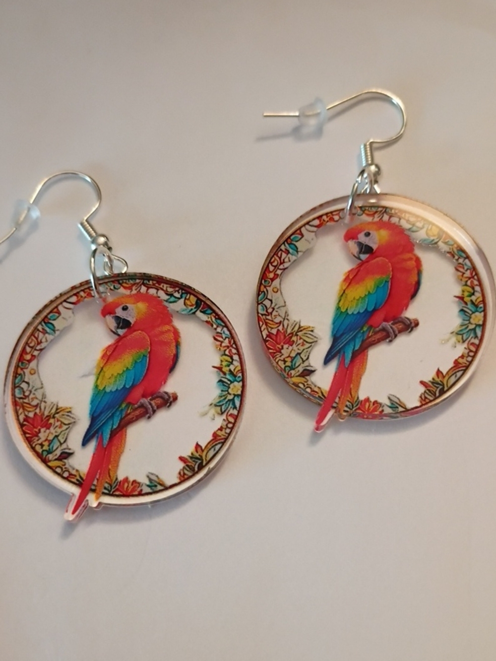 Handmade Multicolor Parrot Drop Earrings - Vibrant Red Accent